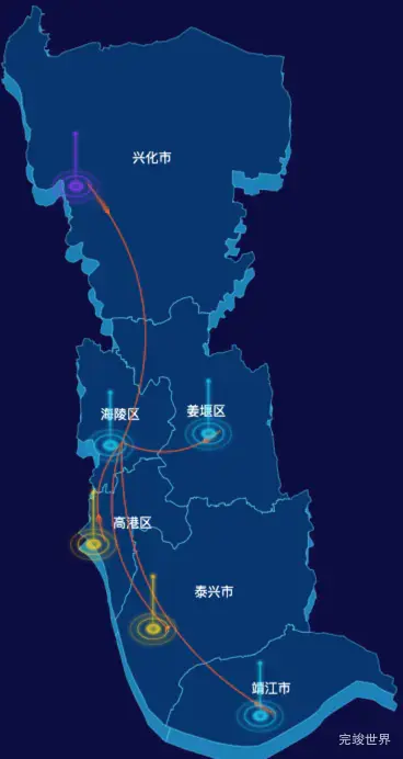 echarts泰州市地区地图geoJson数据-飞线图